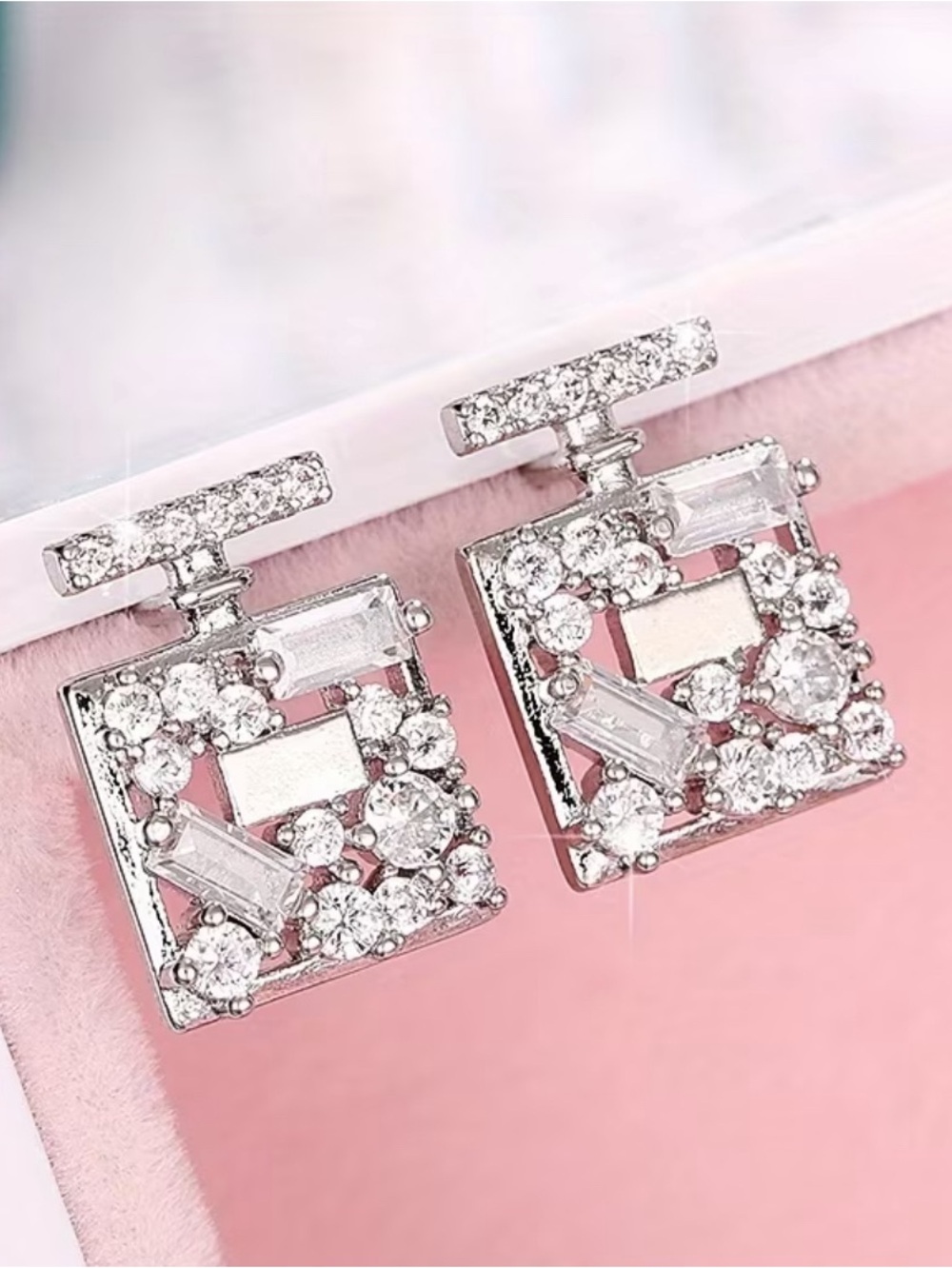 Silver Crystal Square Earrings